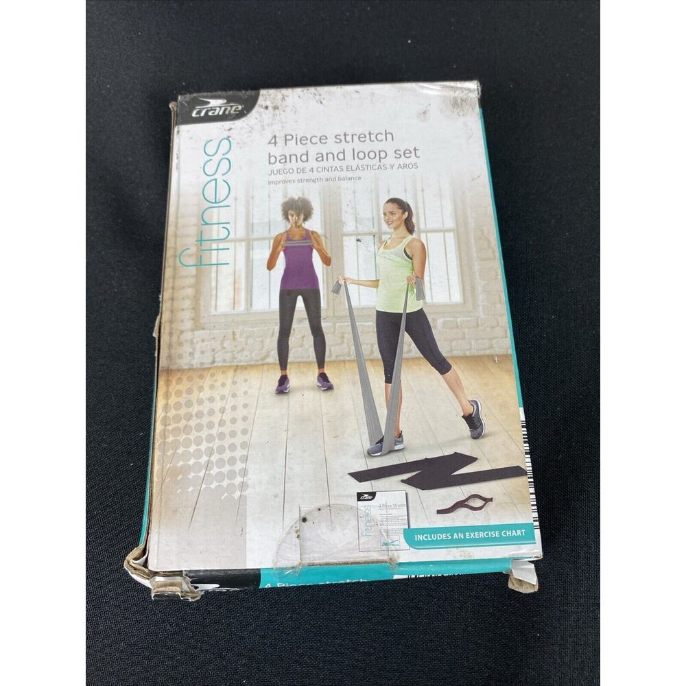 NEW Crane FITNESS 4 Piece Stretch Band & Loop Exercise SET w/?Exercise Chart